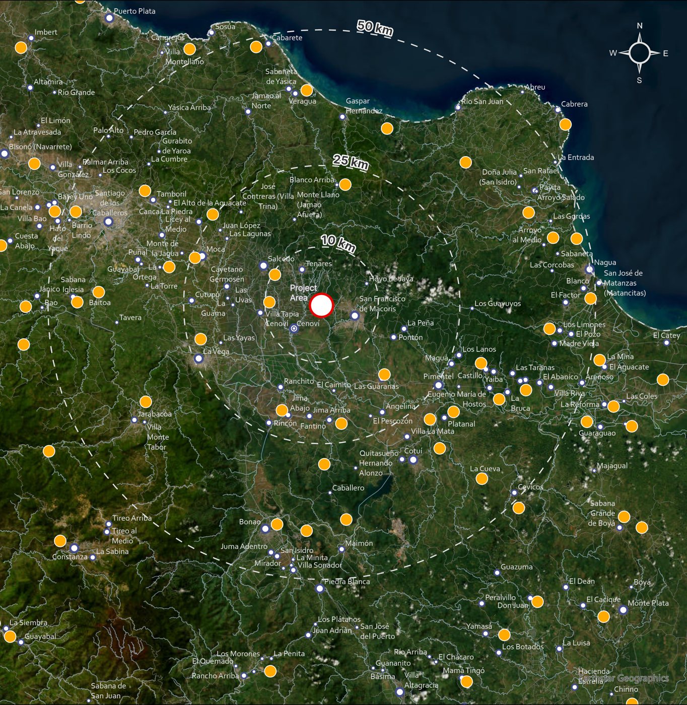 Map of landfill sites and communities around the project area in the Dominican Republic