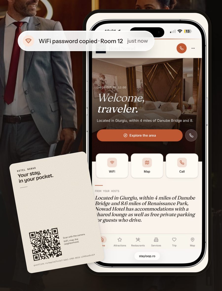 Stayloop guest page on a phone beside a printed QR card