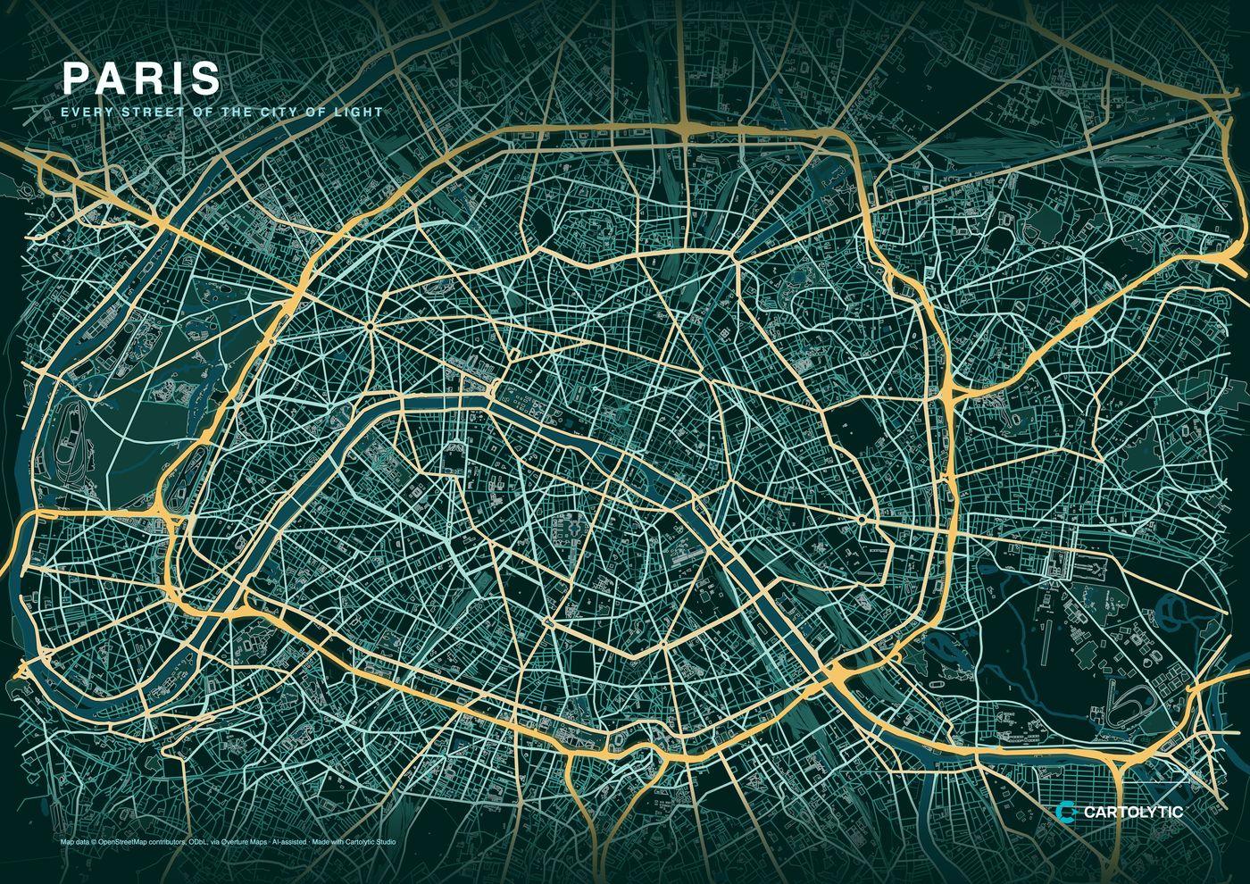 Street-map poster of Paris made with Cartolytic Studio