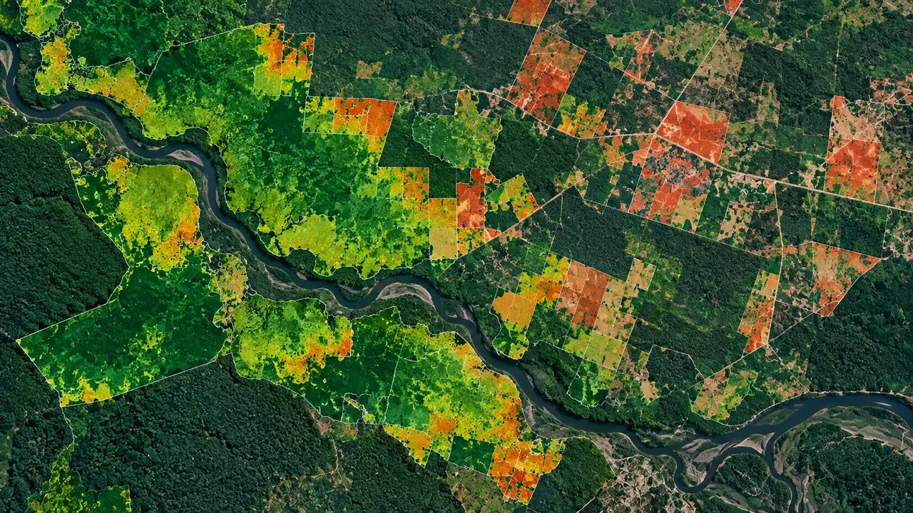 Forest condition mapped across parcels along a river