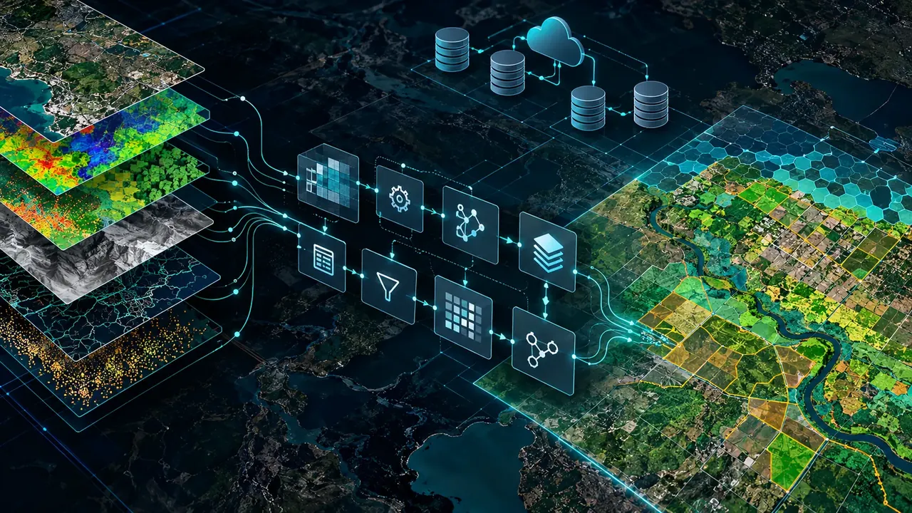 Map layers flowing through a data pipeline into a finished map
