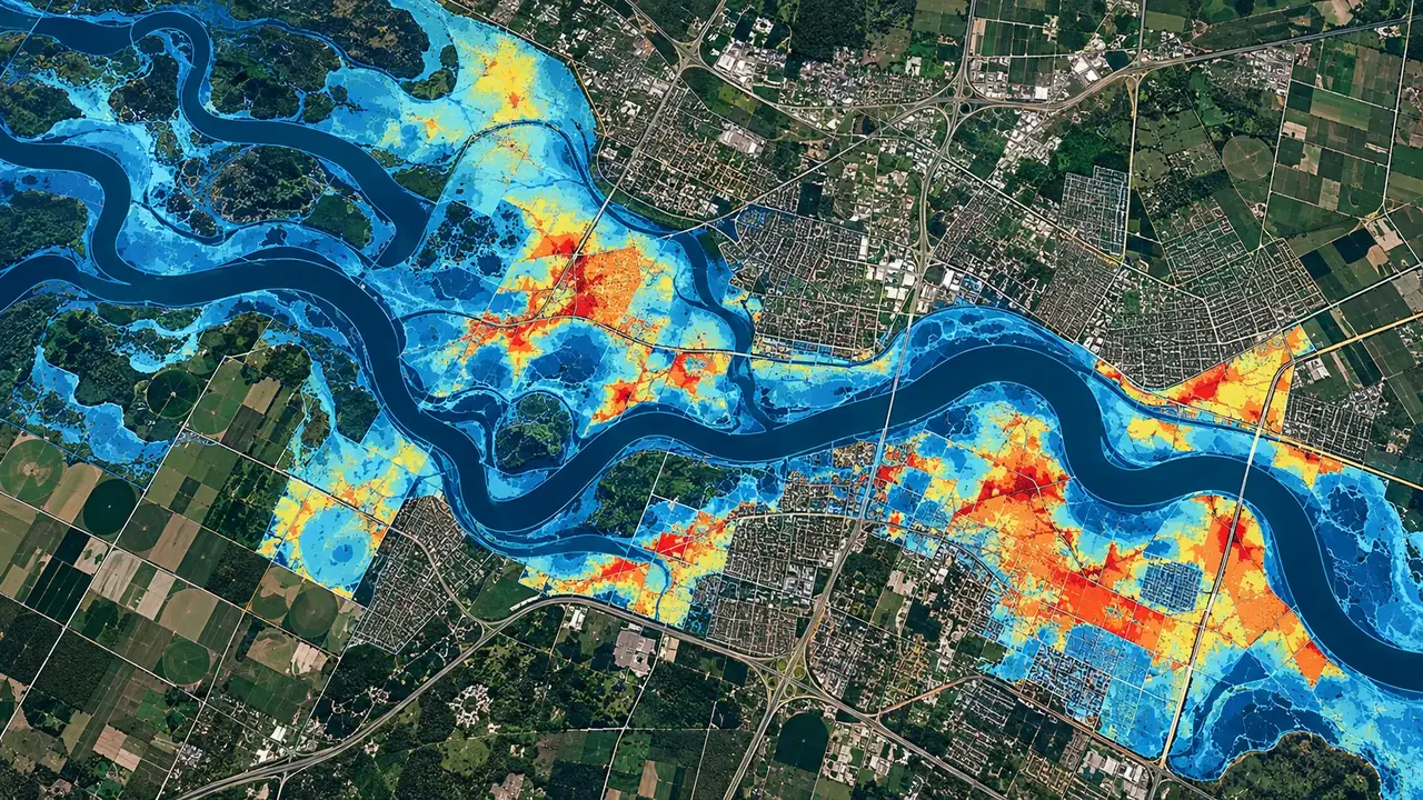 Flood-risk zones mapped along a river and the town beside it