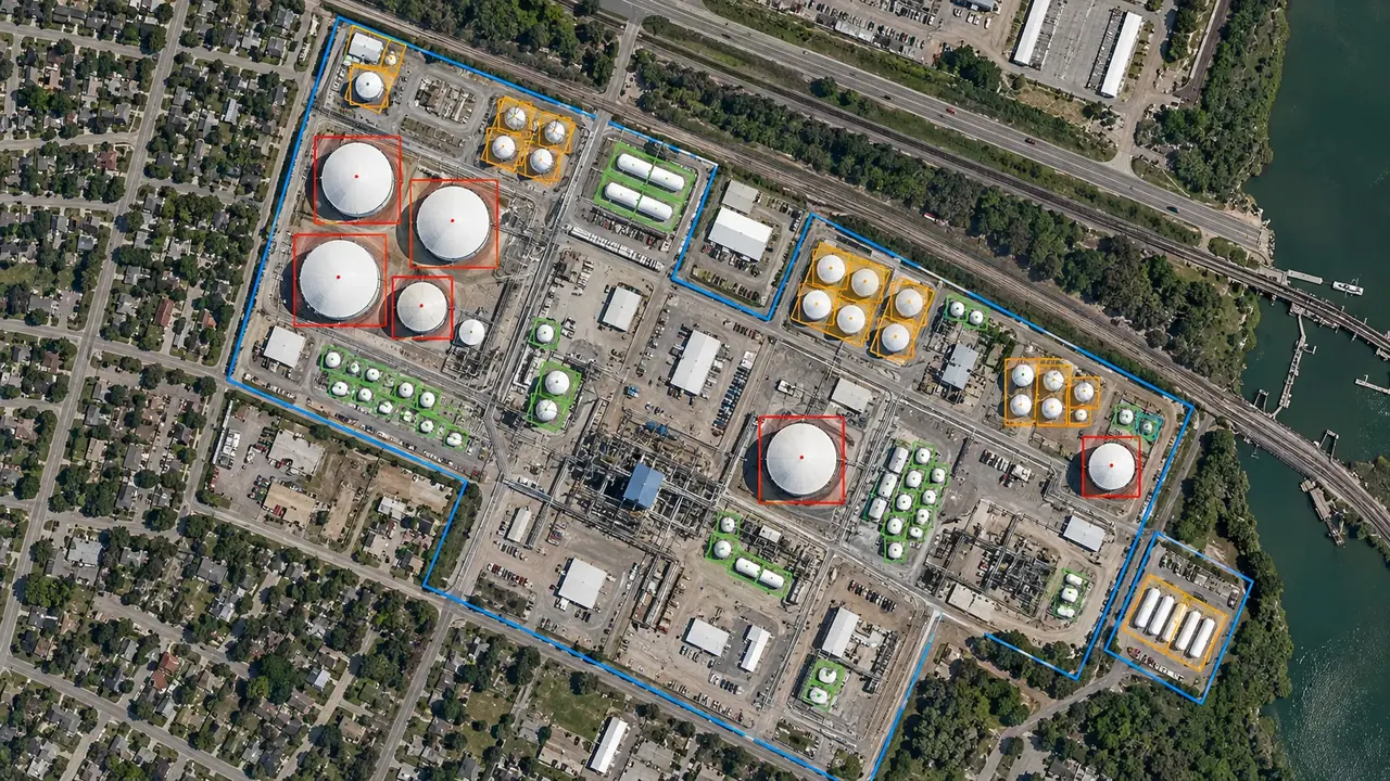 Storage tanks detected and classified at an industrial site