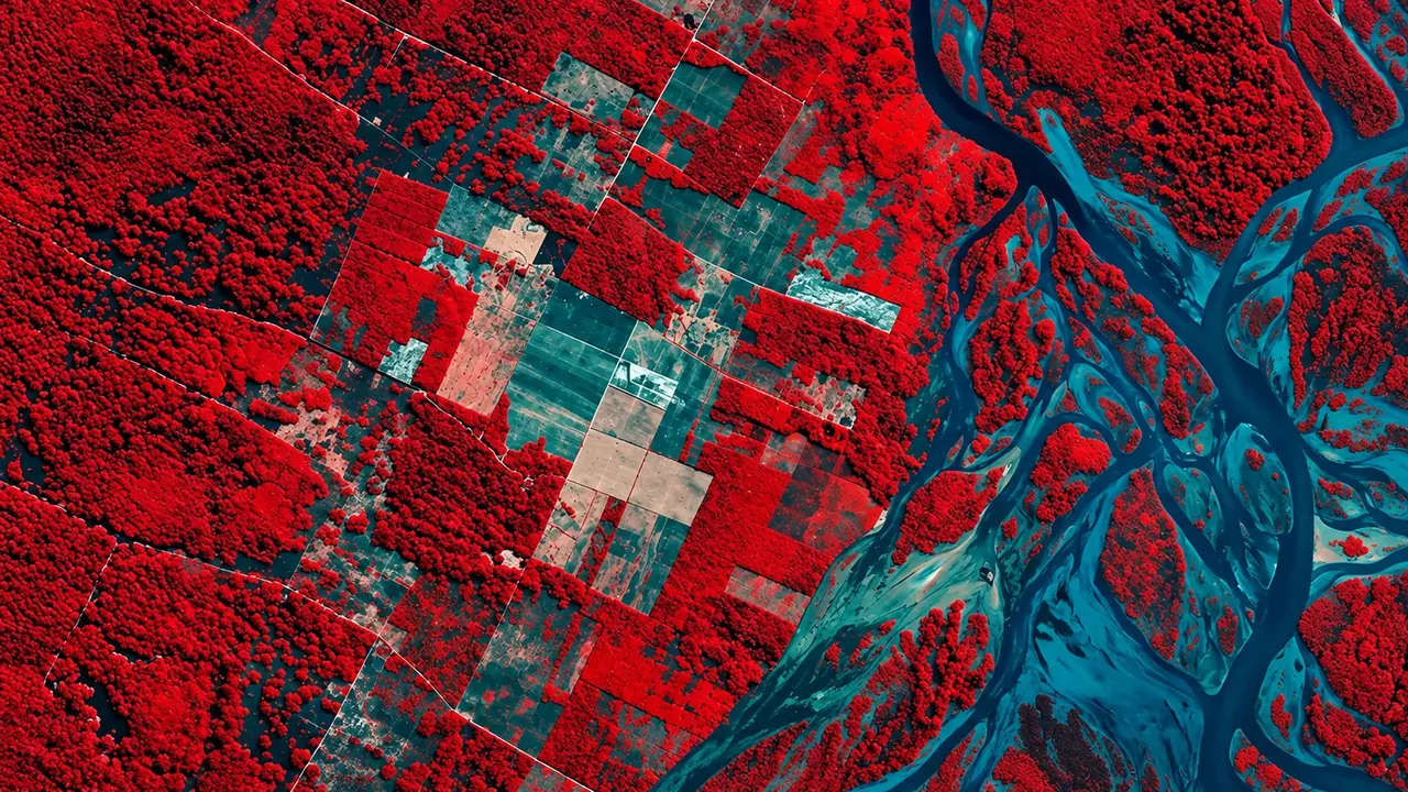 False-colour satellite image of fields, forest and a river