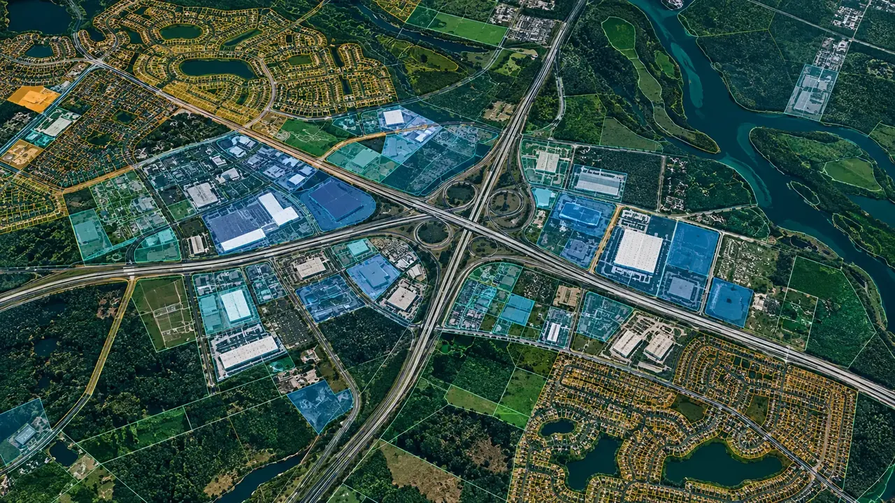Land parcels highlighted on an aerial map around a motorway junction